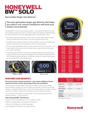 Honeywell BW Solo Single Gas Detector Datasheet